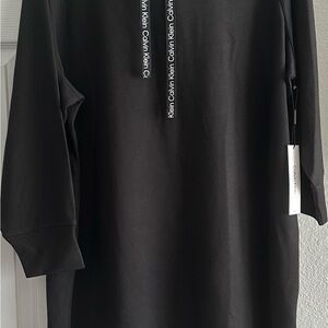 Calvin Klein Black Long-Sleeve Hoodie-Style Tee Shirt Dresswith Logo Drawstrings